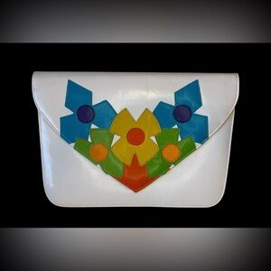 Vintage Jasmin White Leather Envelope Clutch with Multicolor Floral Appliqué